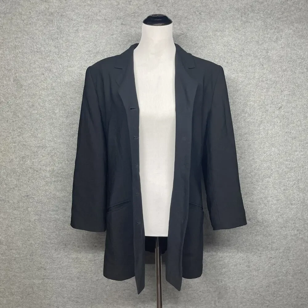 Vtg Nordstrom Blk Worsted Wool Longline Blazer Women 12 USA Made Career Classic